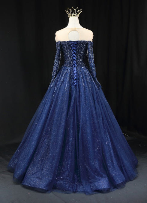 Gothic Navy Blue Off-Shoulder Wedding Dress - Designer Sequin Gown - Long Sleeve Wedding Dress Plus Size